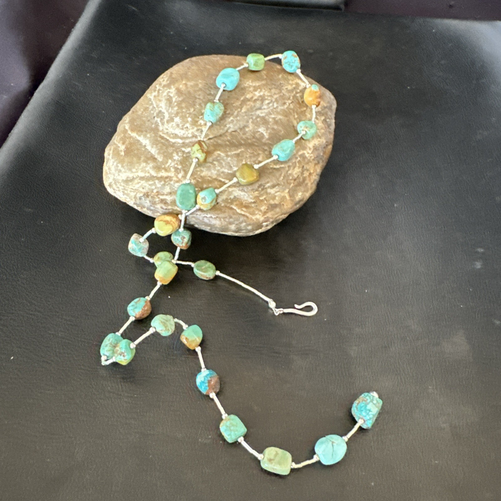 Green Turquoise Liquid Heishi Sterling Silver Nugget 20″ Necklace 19046