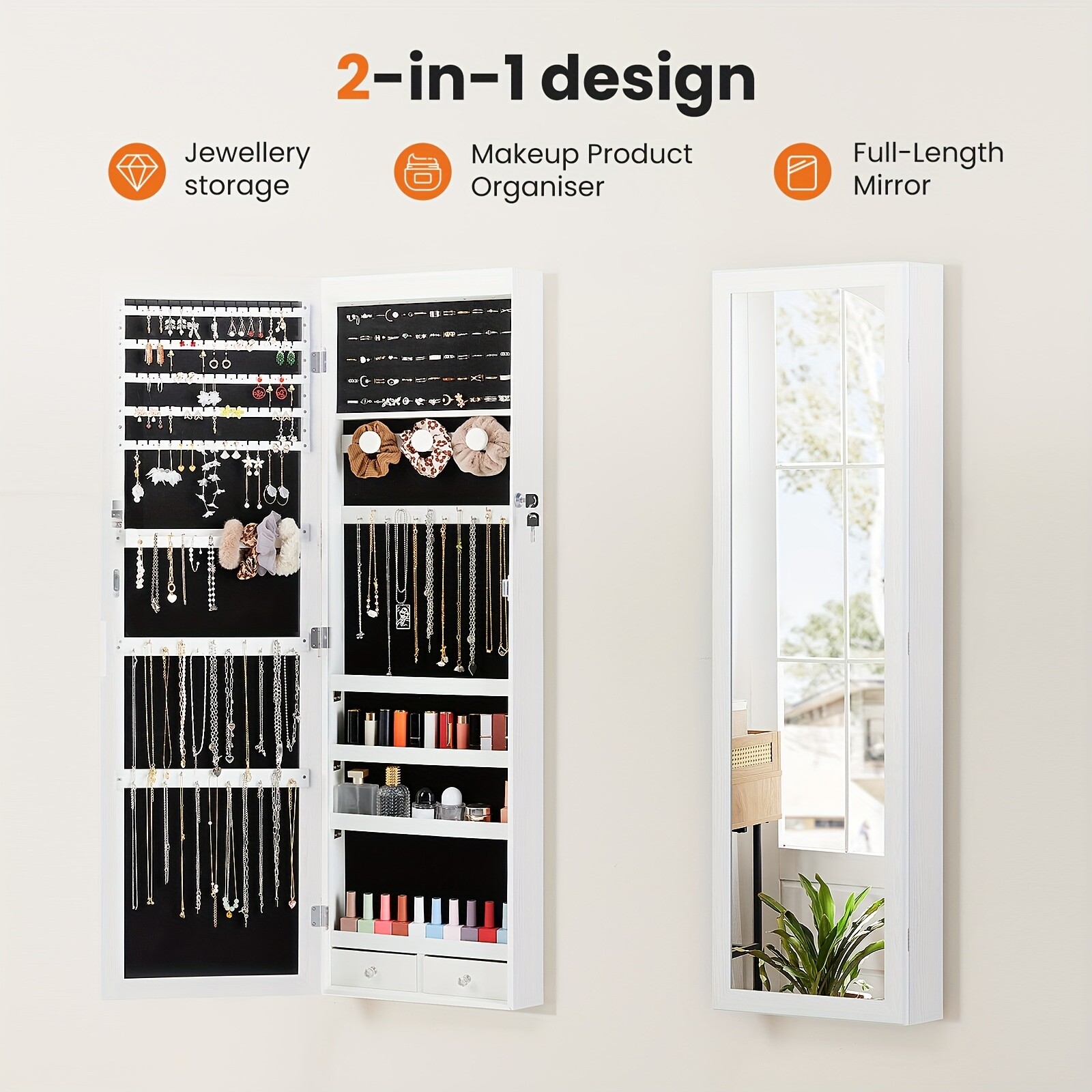 47.2-Inch Tall Lockable Wall Or Door Mounted Jewelry Cabinet With Mirror