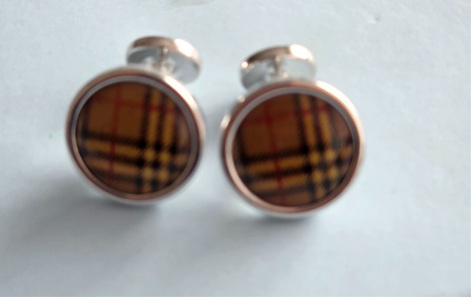 BURBERRY RHODIUM PLATED Round Check Pattern Round Cufflinks 17mm – K25