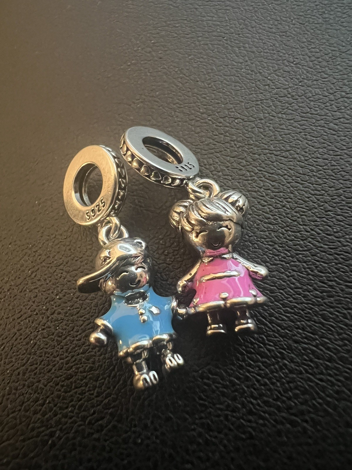 925 Sterling Silver Boy Blue Shirt & Girl Pink Dress Charm Set Enamel Pendant