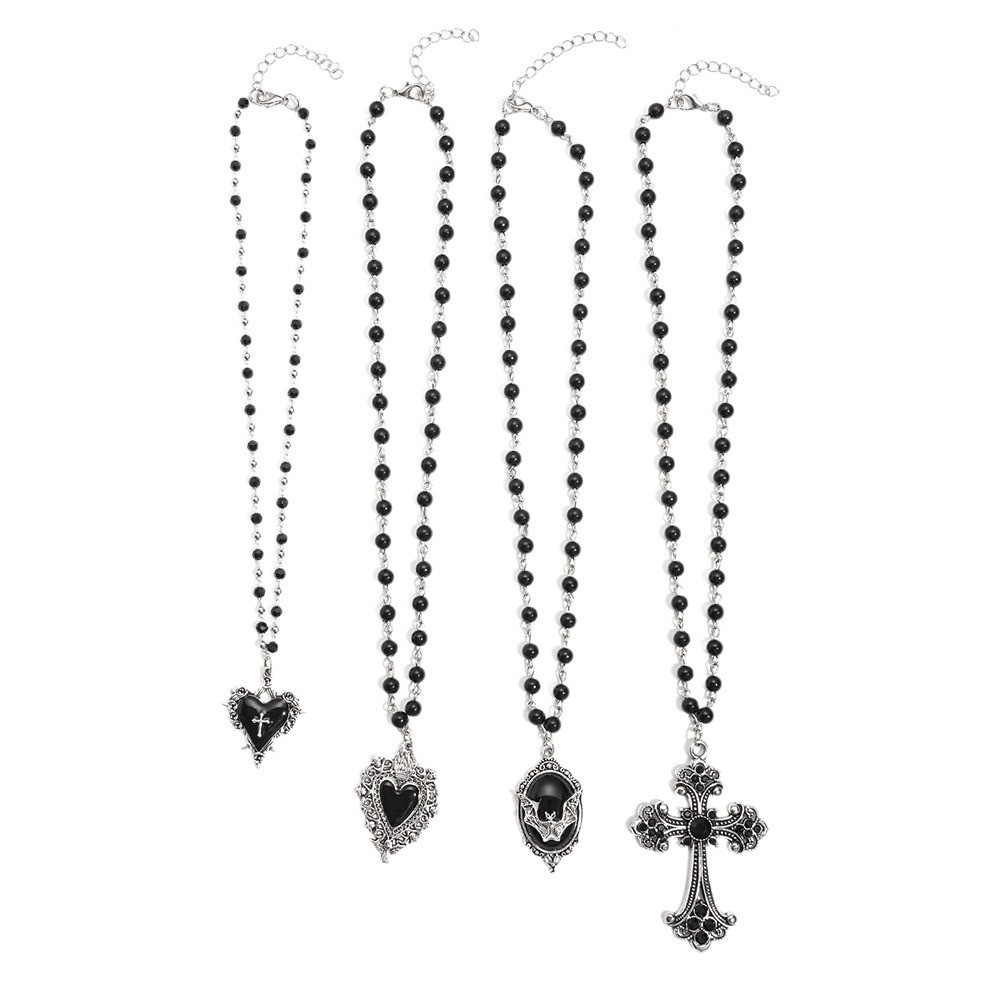 Stainless Steel Black Gothic Retro Religious Cross Heart Bat Pendant Necklace