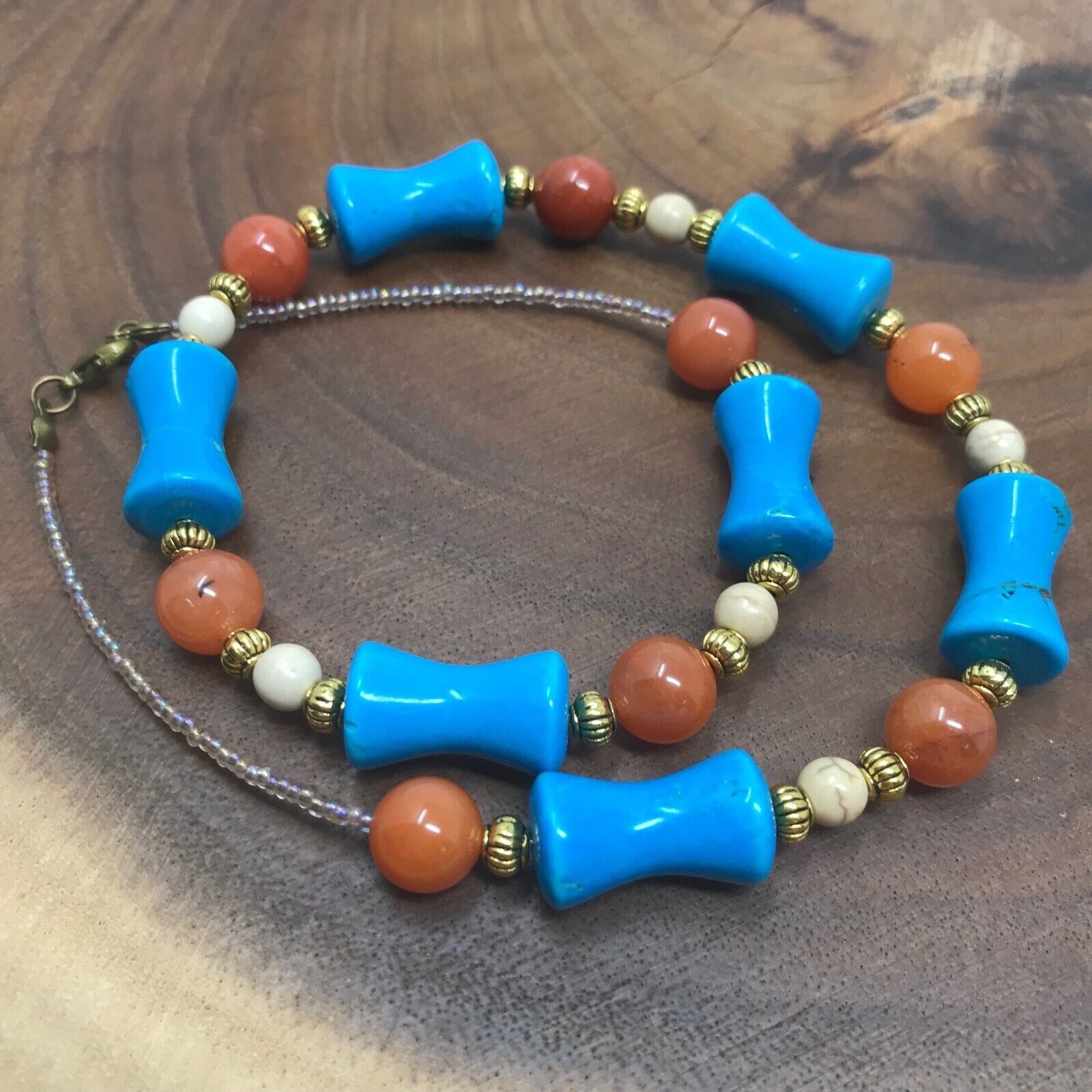 Handmade Necklace of Turquoise and Tan Magnesite and Round Orange Quartz Beads