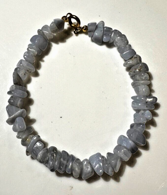 Vintage Blue Lace Agate Lavender Pebble stone Beads Gold tone 7.5″ Bracelet DA5