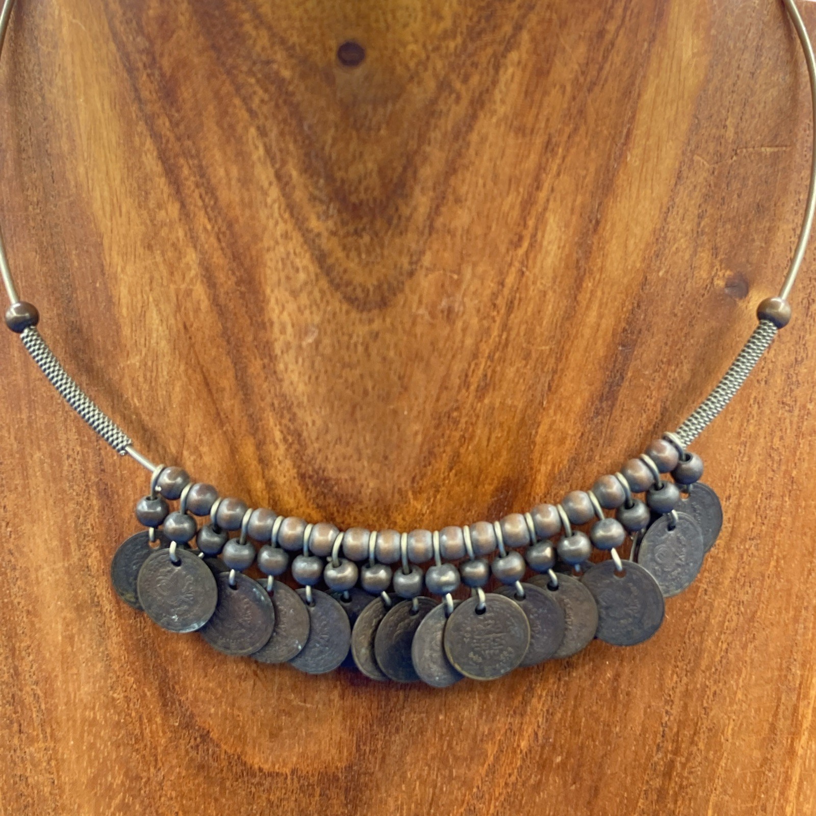 NECKLACE vintage 1960s 1970s old Coins tribal hoop metal wire ring Etruscan 16″