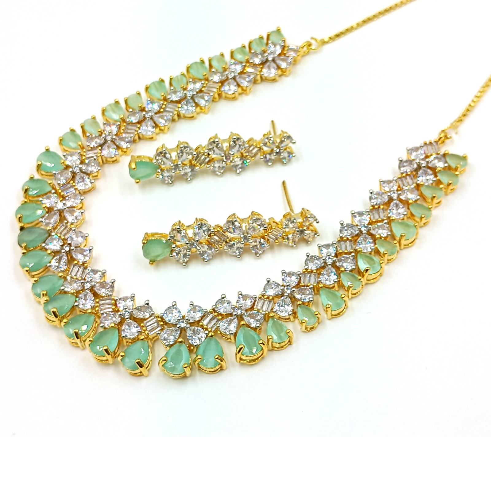 Designer Chalcedony CZ Diamond Gold Plated Necklace Set Bridal Jewelry For Women