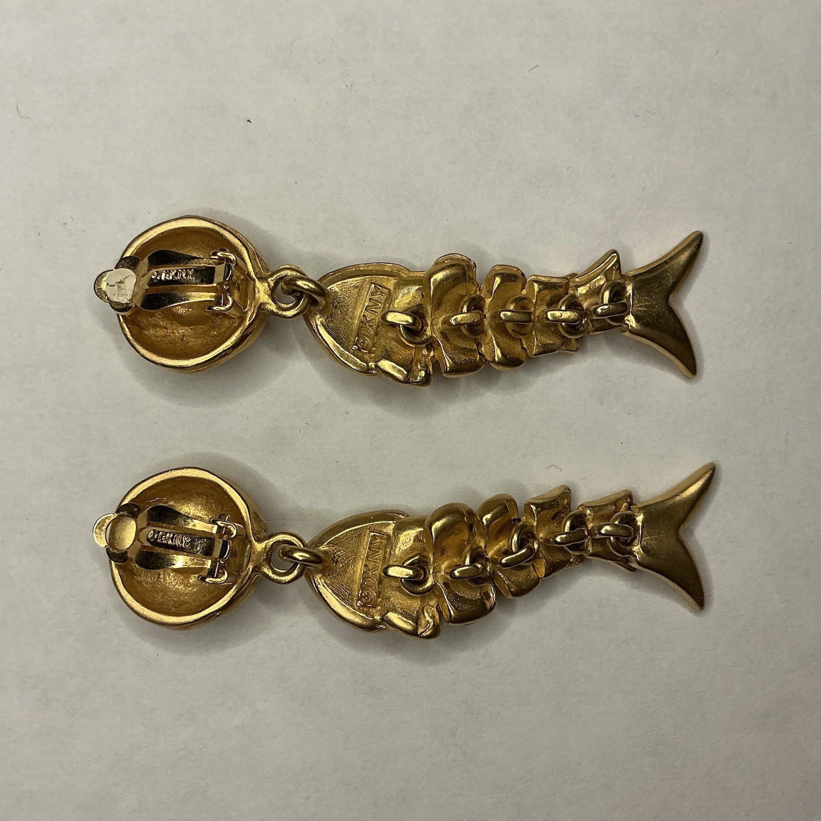 Vintage DKNY Donna Karan RARE Gold Plate Articulated Fish Clip On Earrings