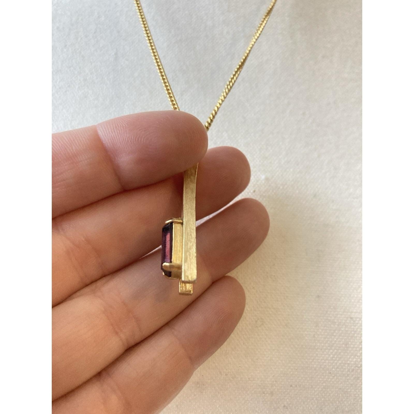 Vintage Avon Modernist Gold Tone Pendant Necklace Faux Amethyst 1970’s