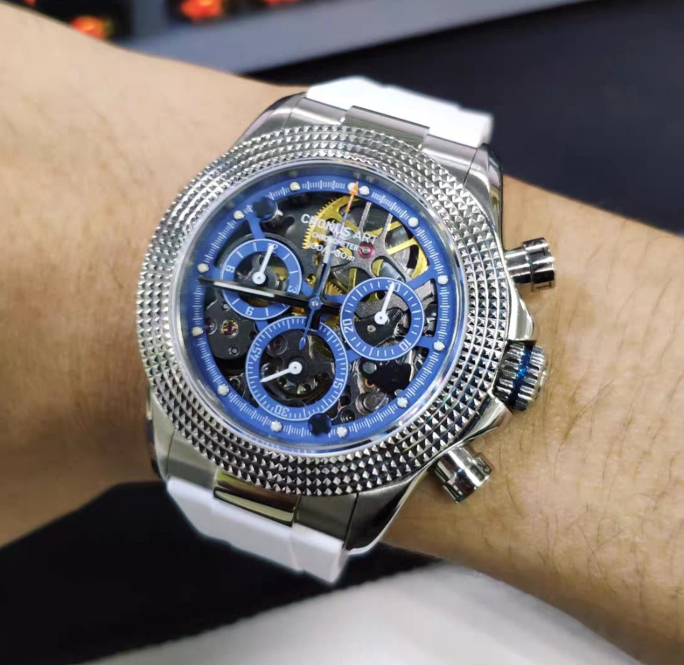 CRONUSART Men Chronograph Watch 42mm Automatic Mechanical Wristwatch Skeleton