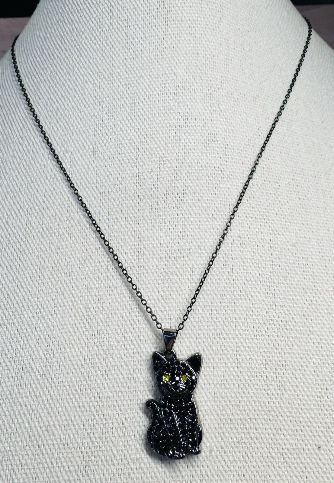 Adorable Black Rhinestone Kitty Cat Pendant On Black Chain Necklace