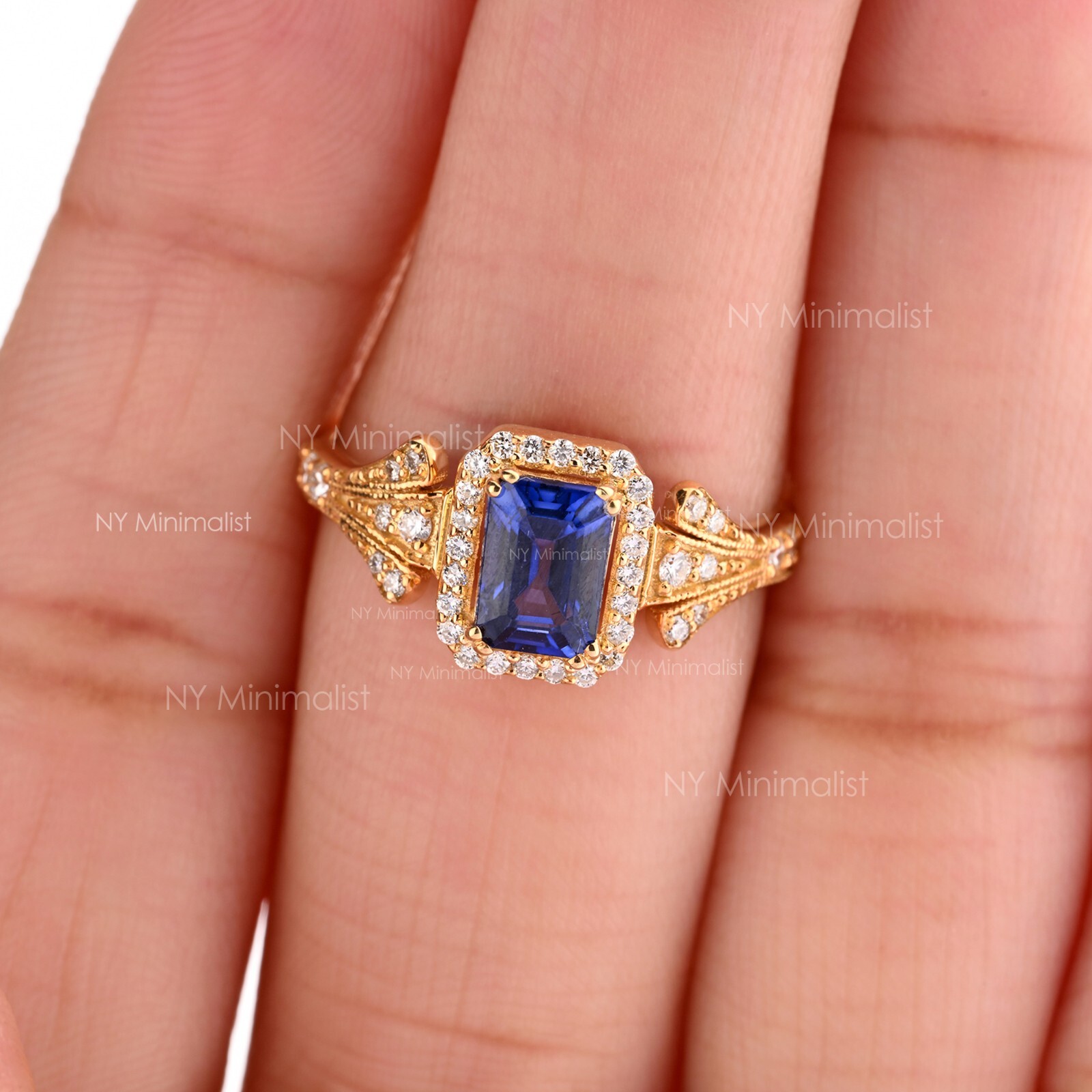 14K Solid Gold Natural Emerald Cut Diffused Blue Sapphire & Diamond Halo Ring