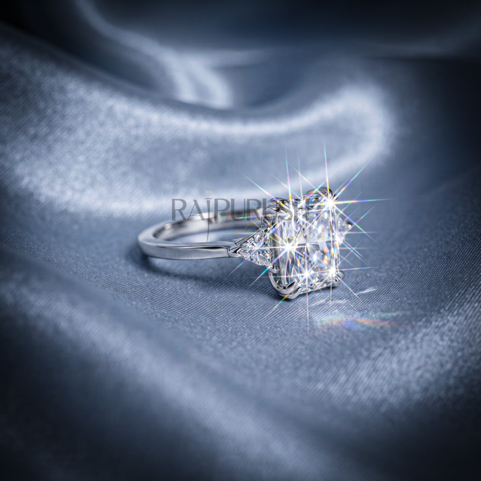 Radiant Cut Moissanite Engagement Ring Triangle Side Stone 925 Silver Ring Women