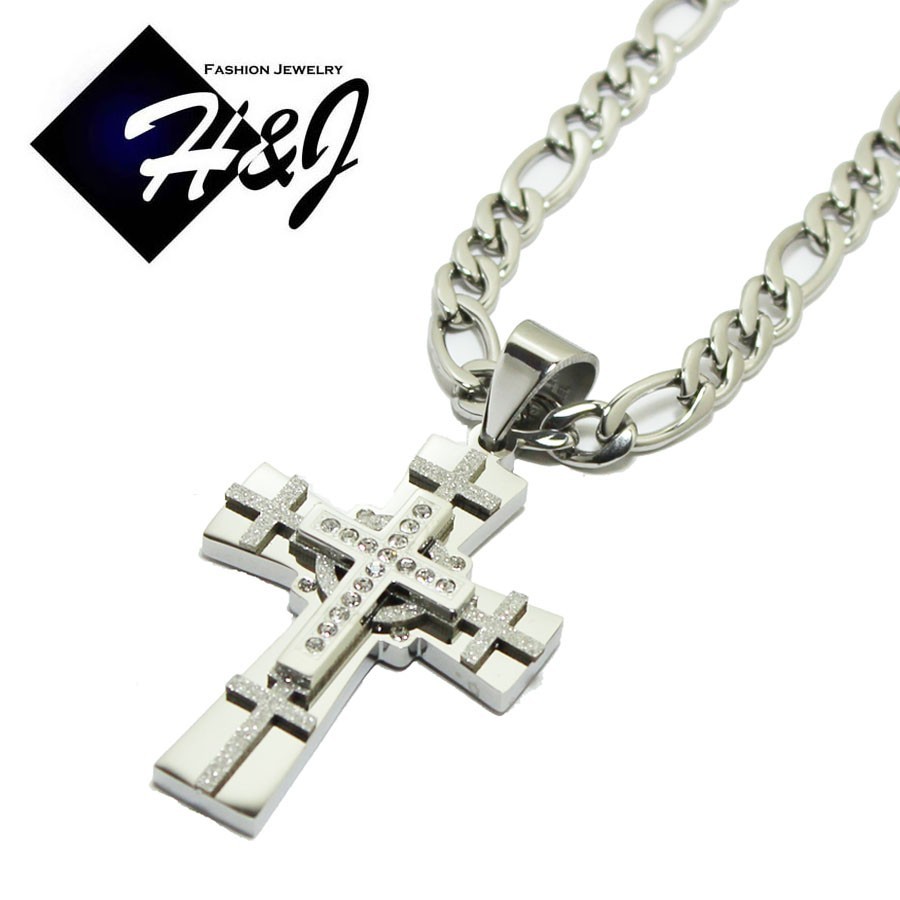 18-36″Stainless Steel 5mm Silver Figaro Chain Cubic Zirconia Cross Pendant*SN