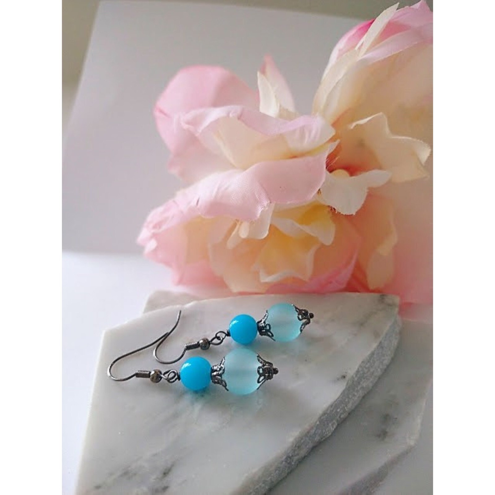 Opaque Blue Glass Gray Gunmetal Dangle Earrings, Ladies Fashion Handmade