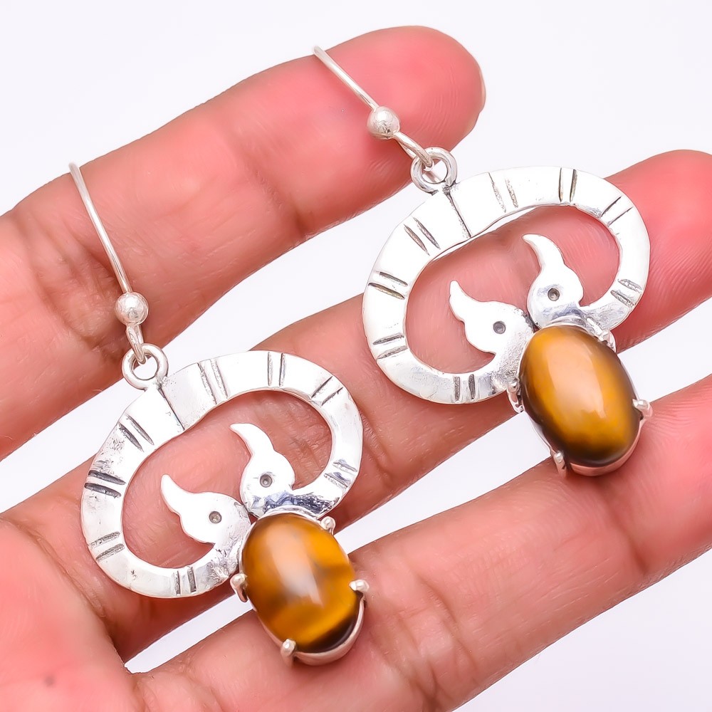 Natural Tiger’S Eye Gemstone 925 Silver Plated Jewelry Earring 2.1″ T308