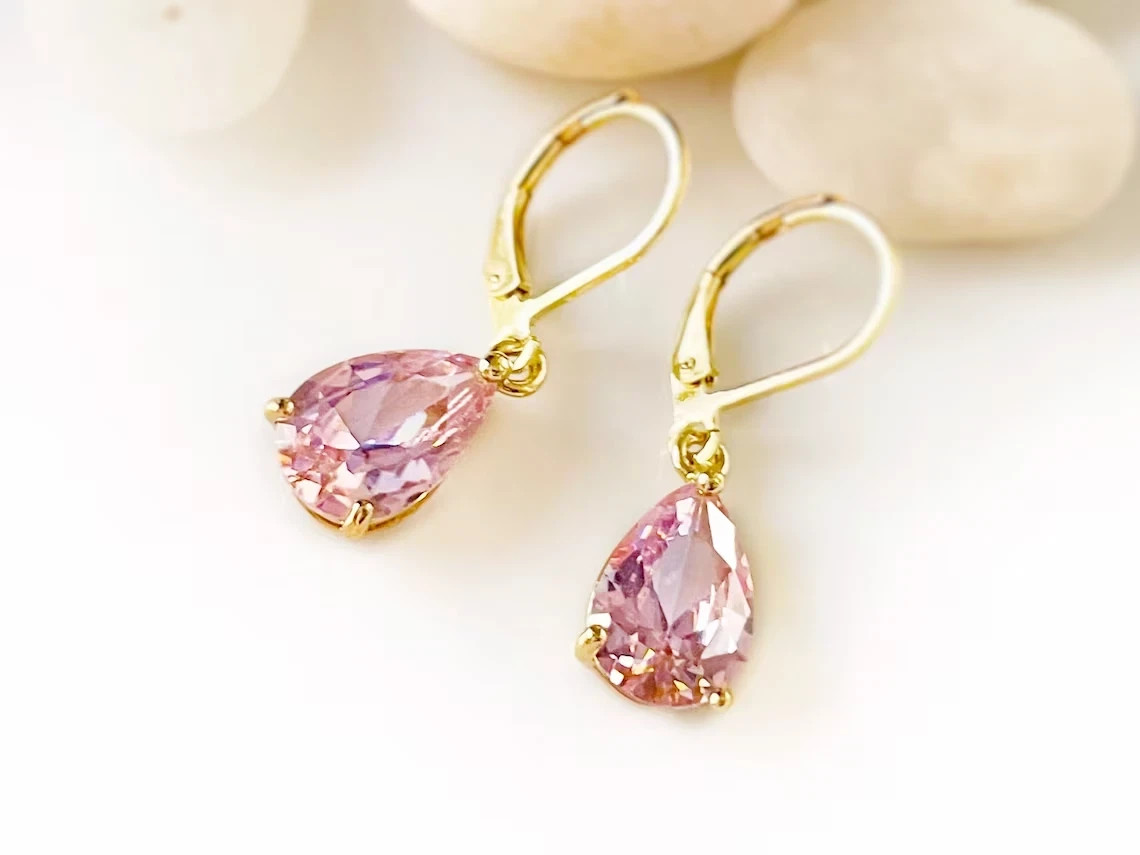 2Ct Pear Cut LabCreated Pink Sapphire Drop/Dangle Earring 14k Yellow Gold Plated