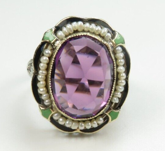 Antique Deco 1920’s Filigree Amethyst Ring 14K White Gold Ring Size 8 UK-P1/2