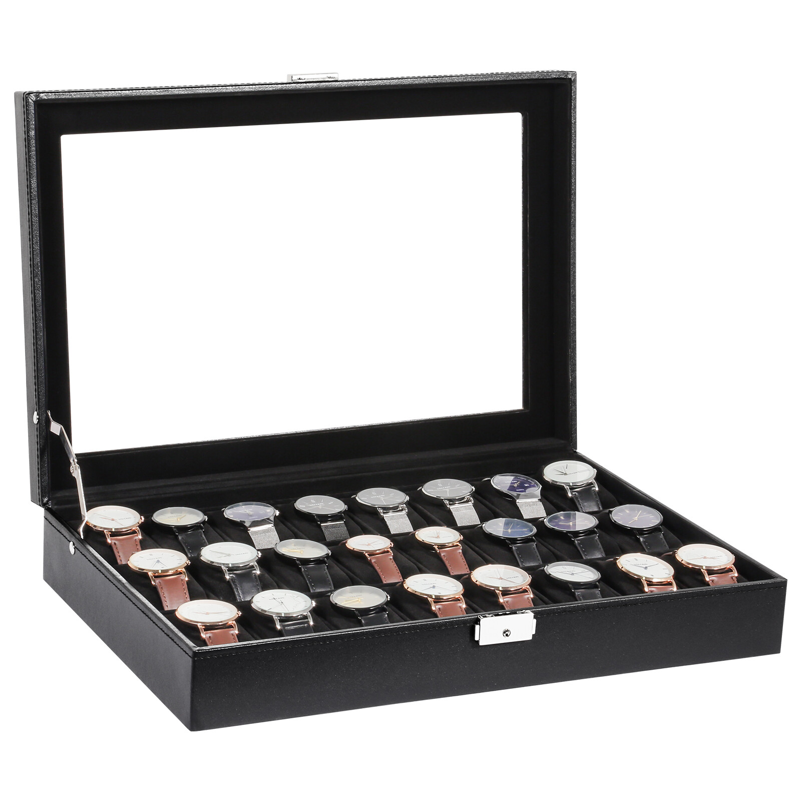 24 Slots PU Leather Watch Case Box Jewelry Organizer Display Case Lockable Gift