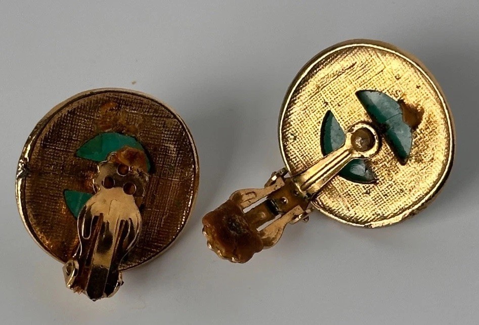 Vintage Earrings Chunky Faux Malachite Green Lucite Acrylic Clip On Gold 1.25”