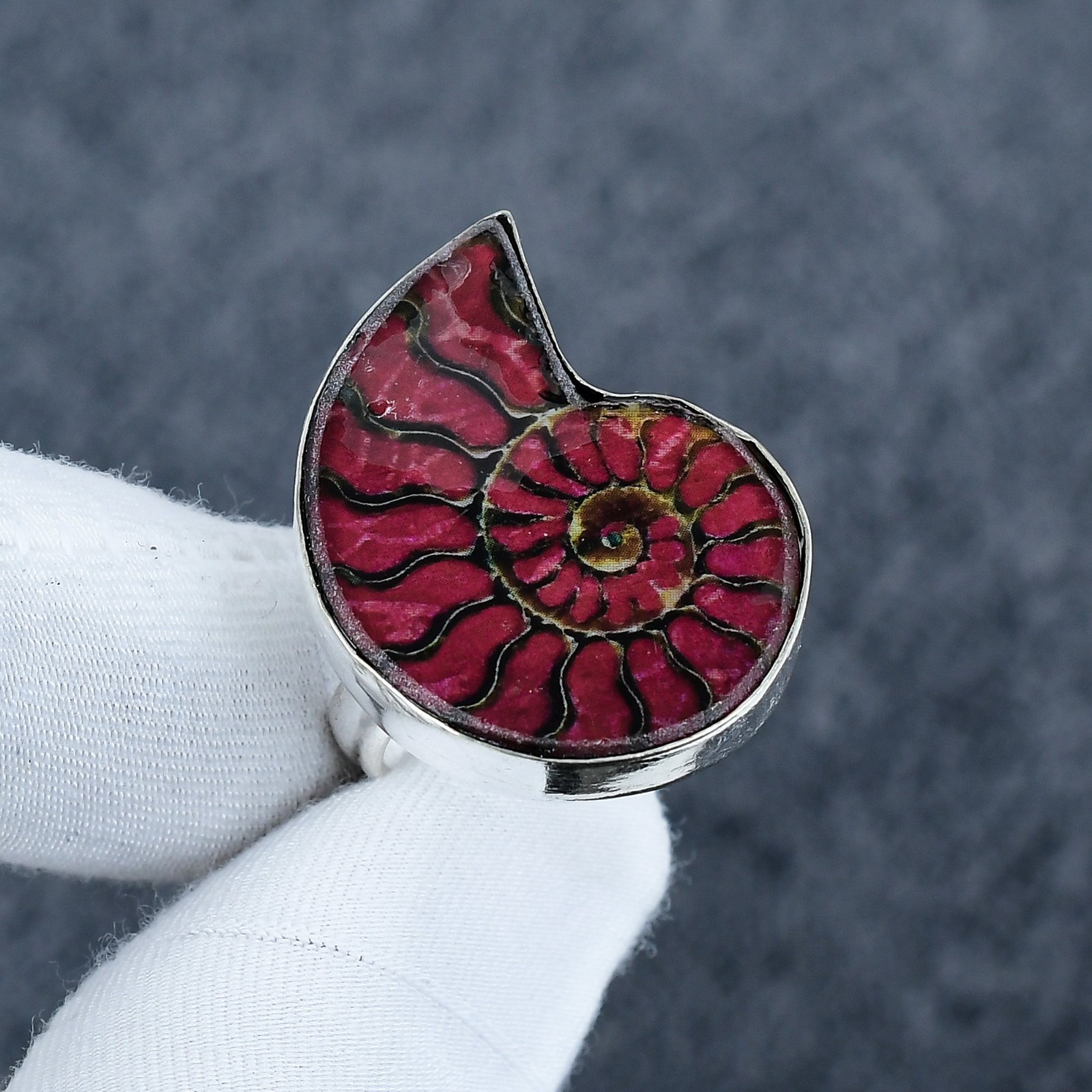Hot Pink Fuchsia Fossil Ammonite Ring 925 Sterling Silver Jewelry, Handmade Gift