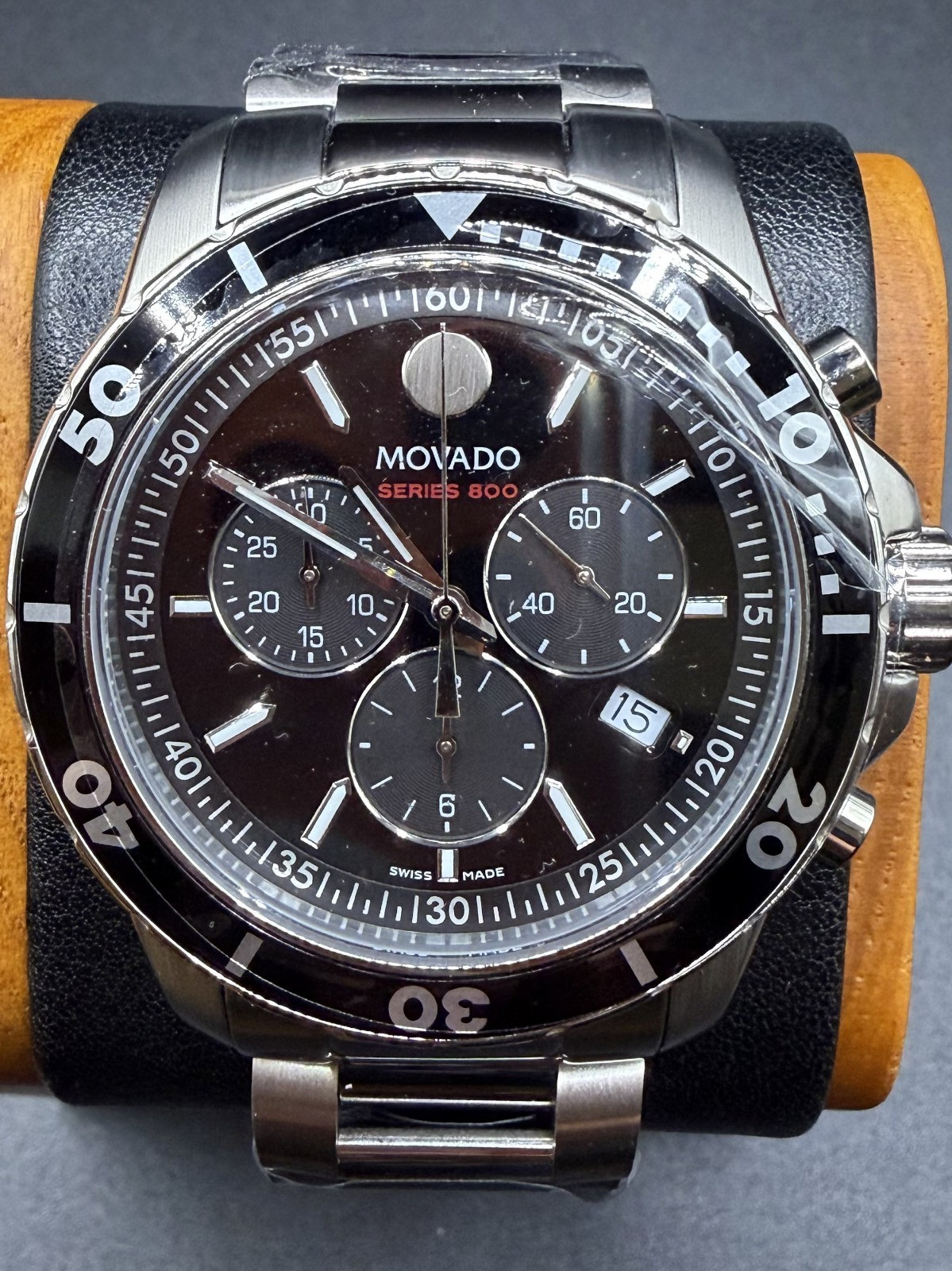 Movado Series 800 Black Dial & Bezel 42mm Chronograph Steel Watch Model #2600142