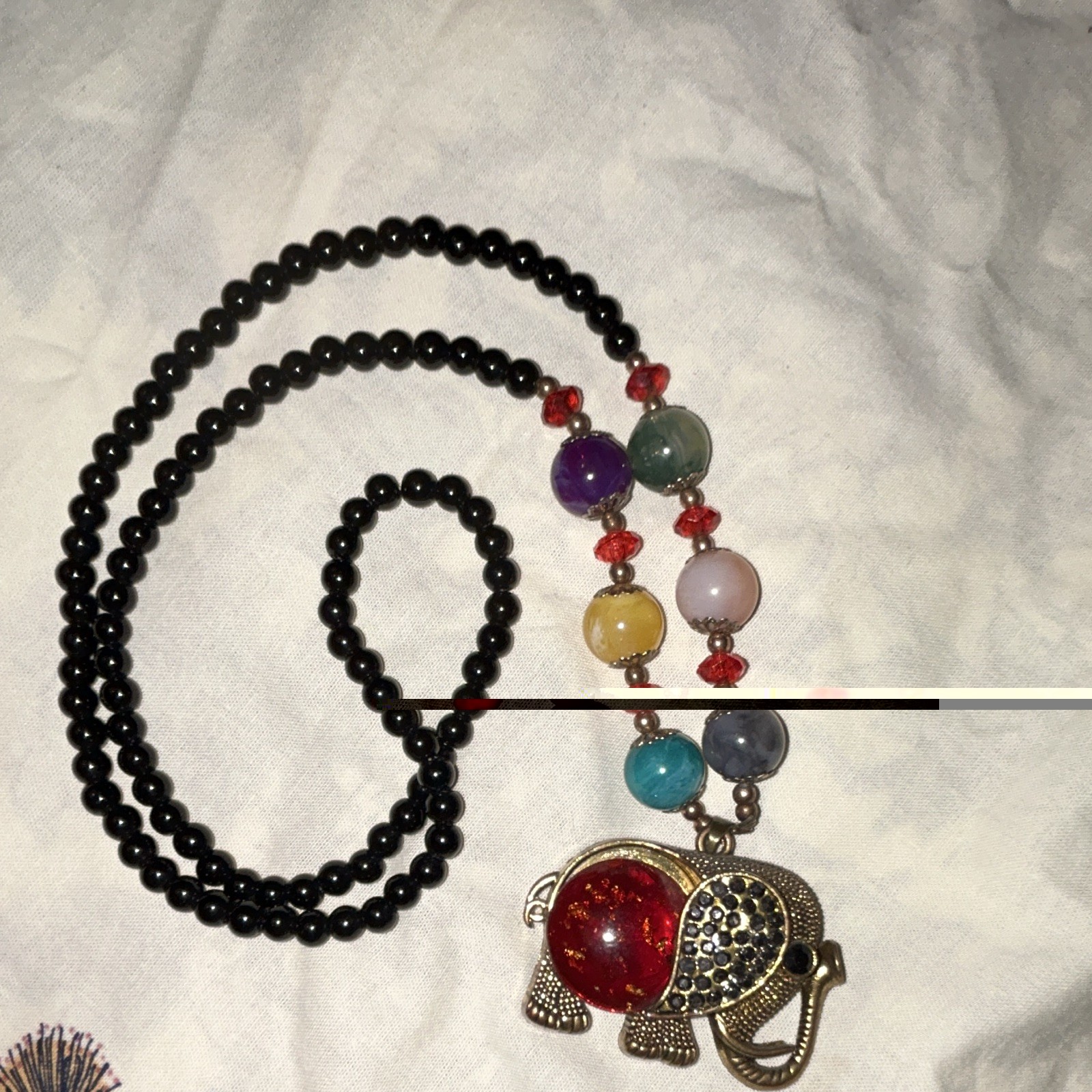 Multicolor Beaded Ball Chain Necklace Elephant Charm Pendant Plastic Metal