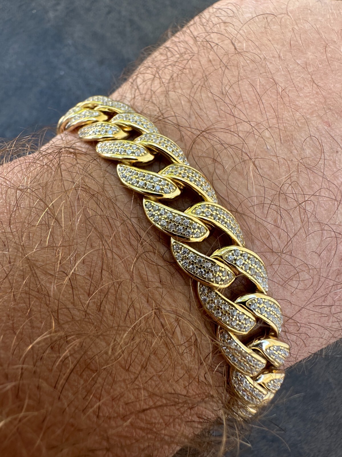 Mens Miami Cuban Link Bracelet Real Icy Solid 14k Gold Plated 925 Silver CZ 12mm