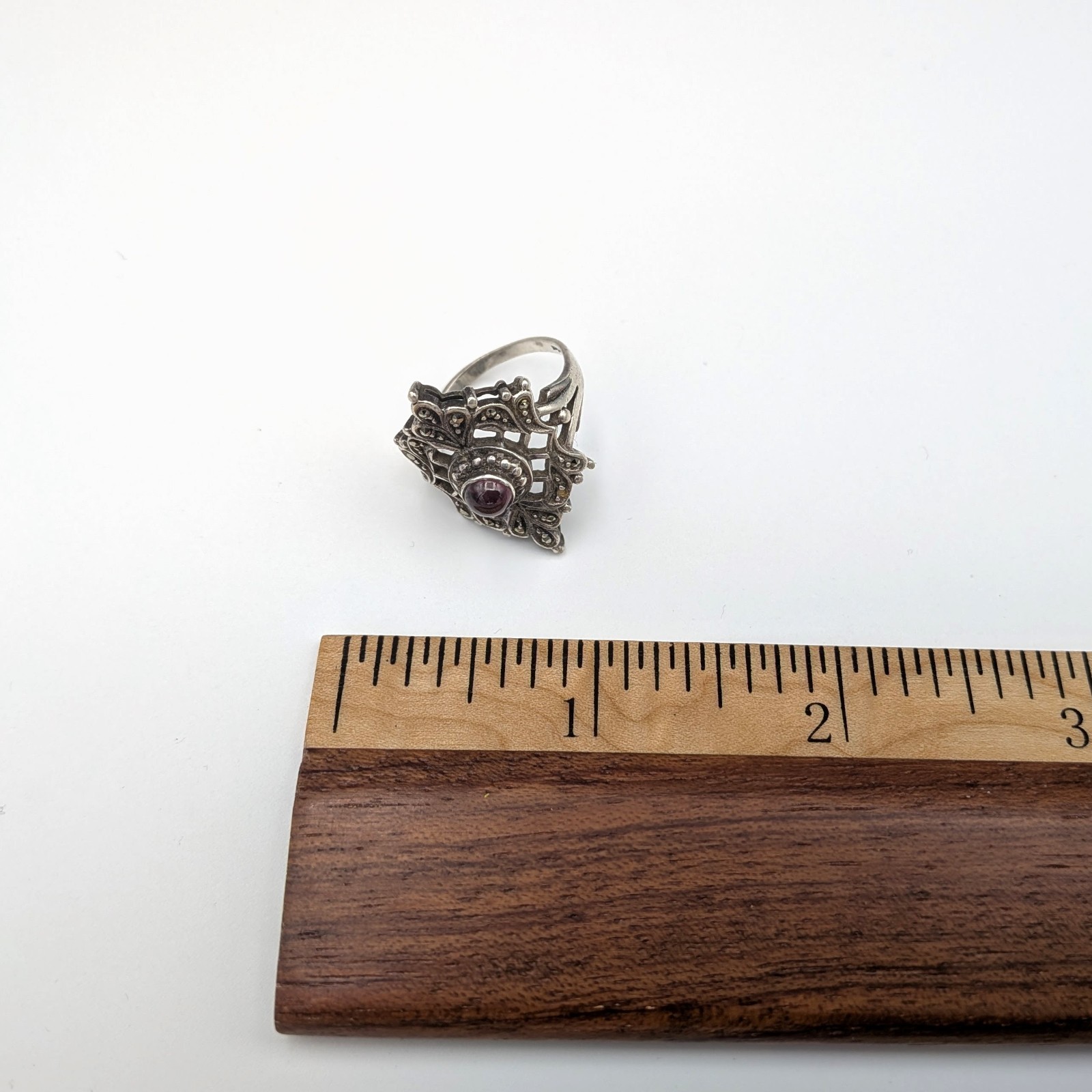 Antique Gothic Sterling Silver Ring W/ Violet Color Garnet Center Stone Size 6.5
