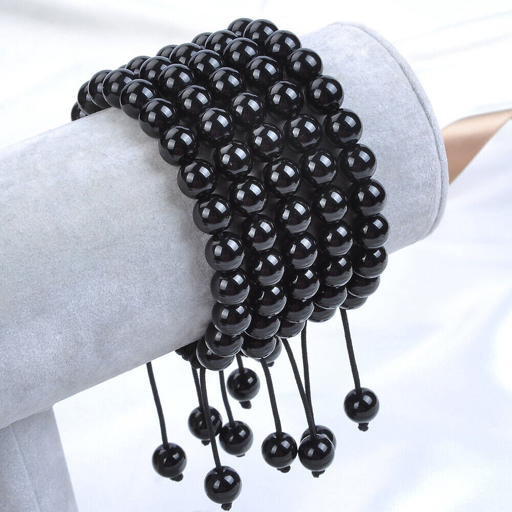 Unisex Adjustable Macrame Hand Braided Black Agate Stone Beads Bracelet 8mm