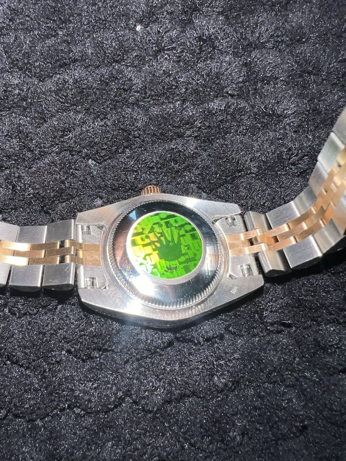 This watch is a 28 mm Rolex Lady-Datejust, model 279381RBR with diamonds
