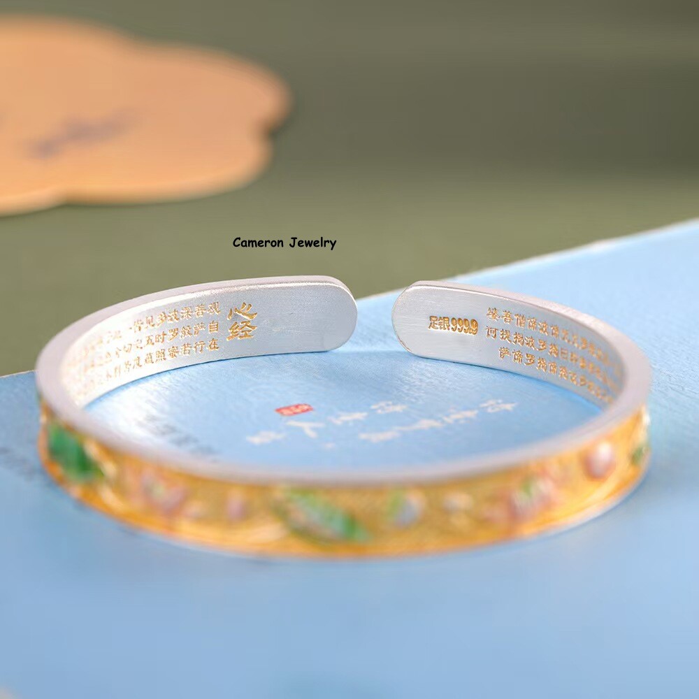 Solid S999 Fine Silver Bracelet 8mm Enamel lLotus Open Bangle 29-30g Dia:57mm