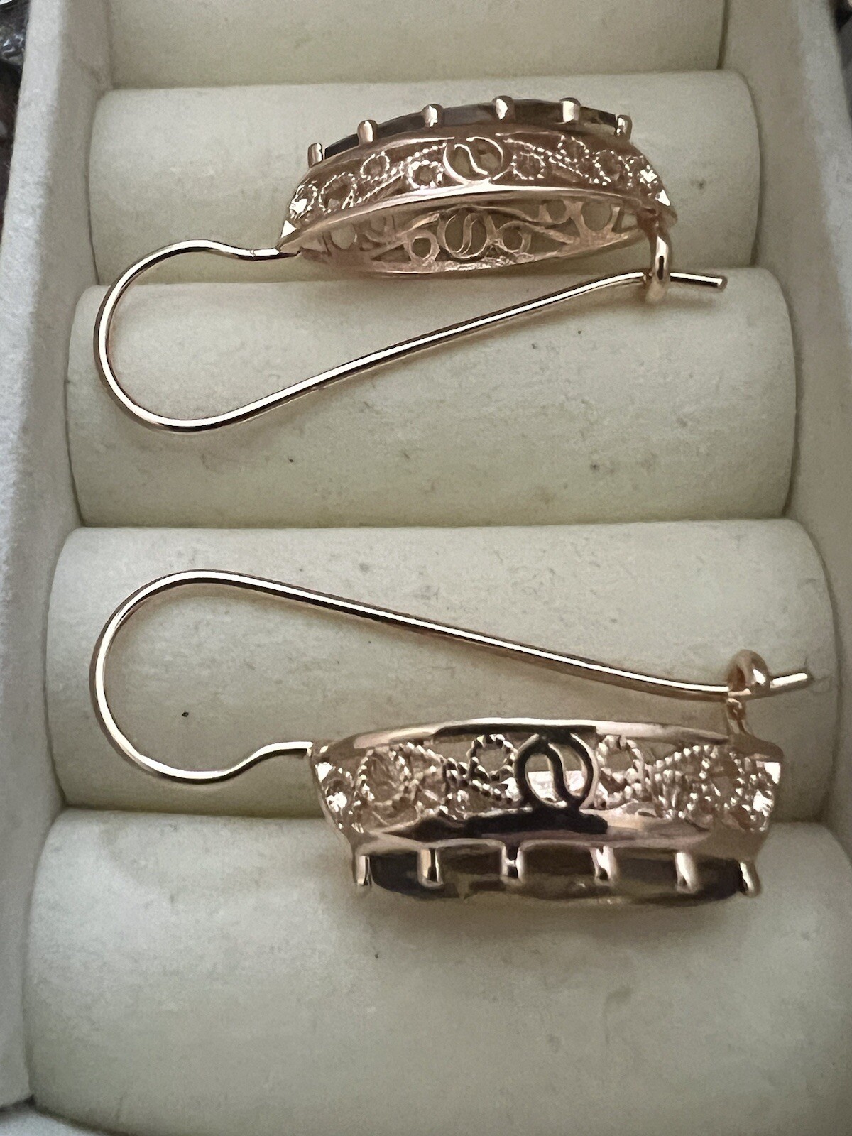 14k Rose Gold Plated Filigree Oval Amber Earrings English Lock
