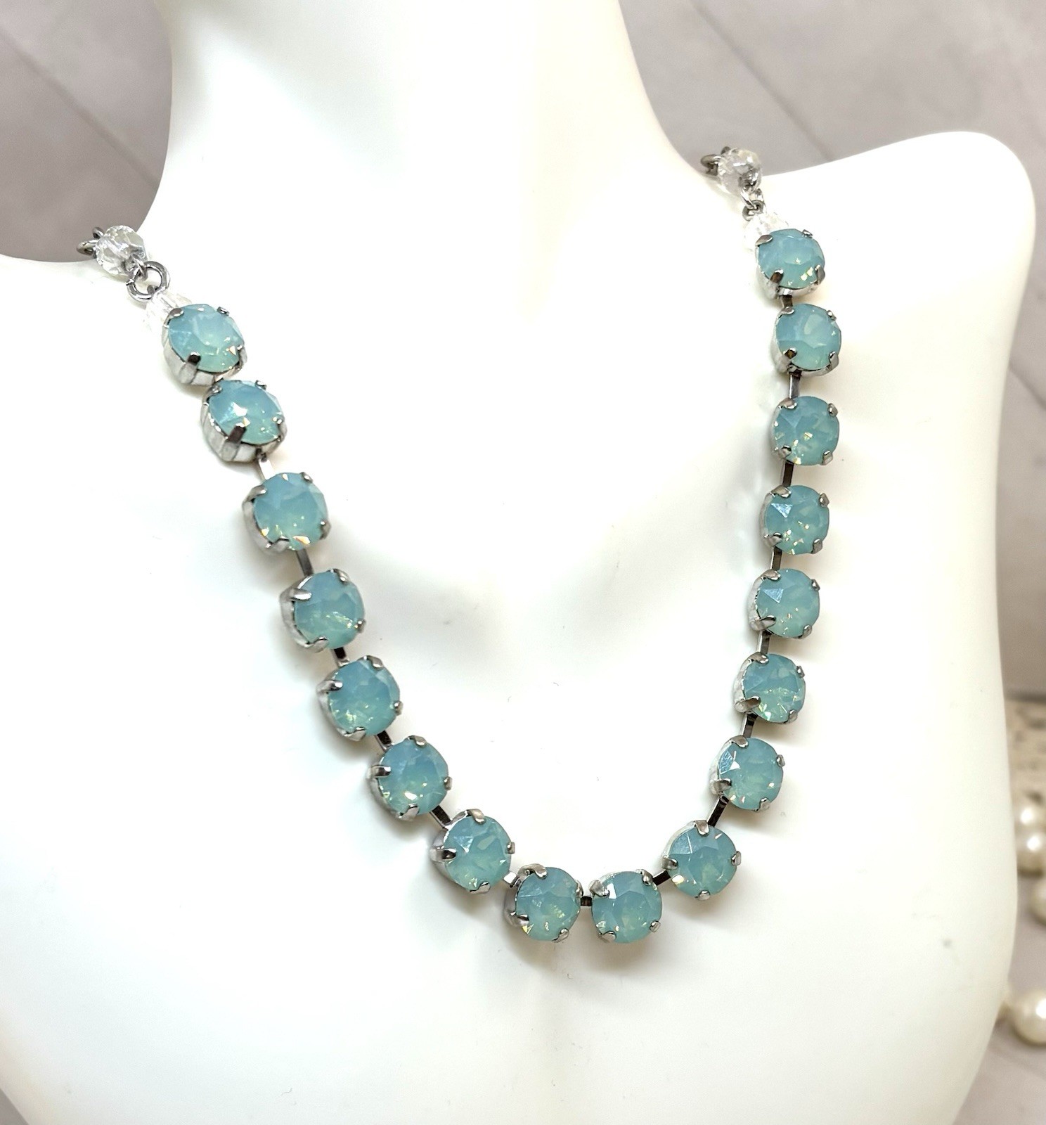 Rhodium Silver Plated Mint Green Pacific Opal Crystal Cup Chain Tennis Necklace