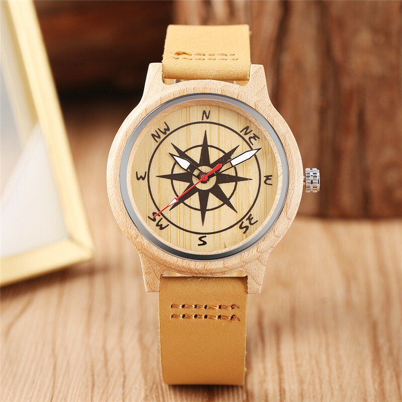 Antique Compass Dial Nature Wood Men Women Quartz Analog Watch Leather Band