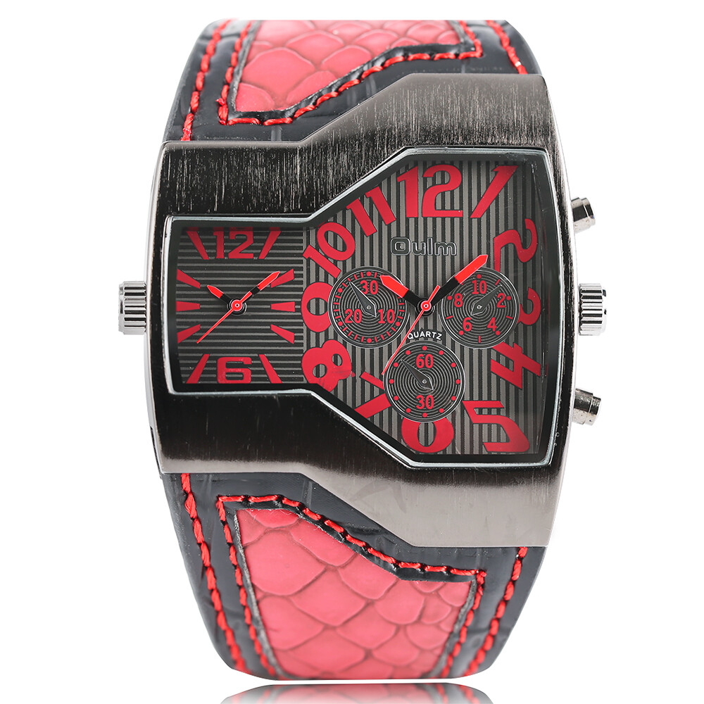 OULM Steampunk Style Two Time Zone Mens Watches PU Leather Quartz Wristwatch
