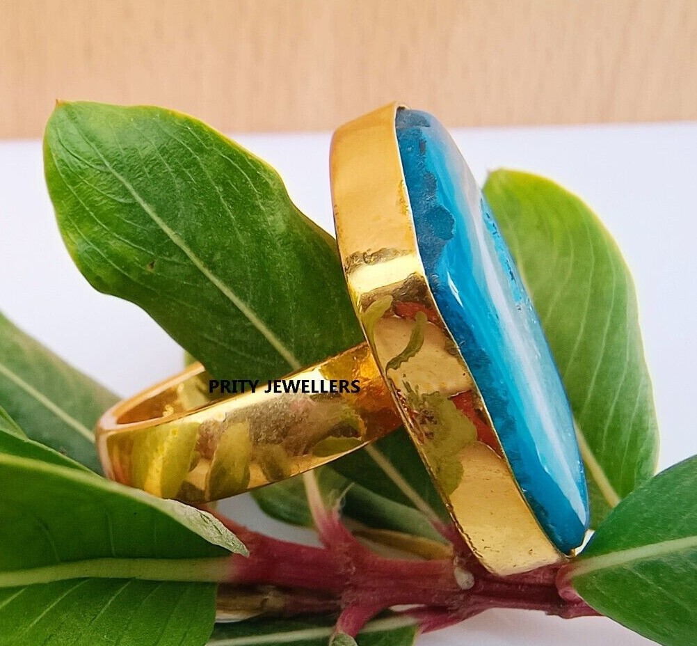 Blue Agate Gemstone Gold Plated Ring, Handmade Antique Ring, All Sizes Available