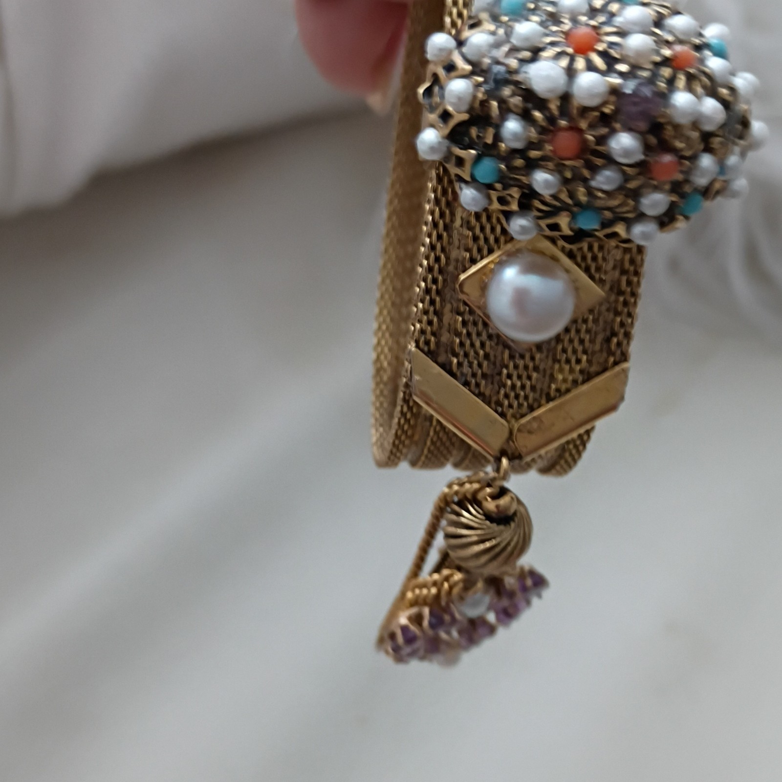 Gold Tone Mesh Cuff Bracelet Faux White Round Pearls Bead Cluster Dangle Charm