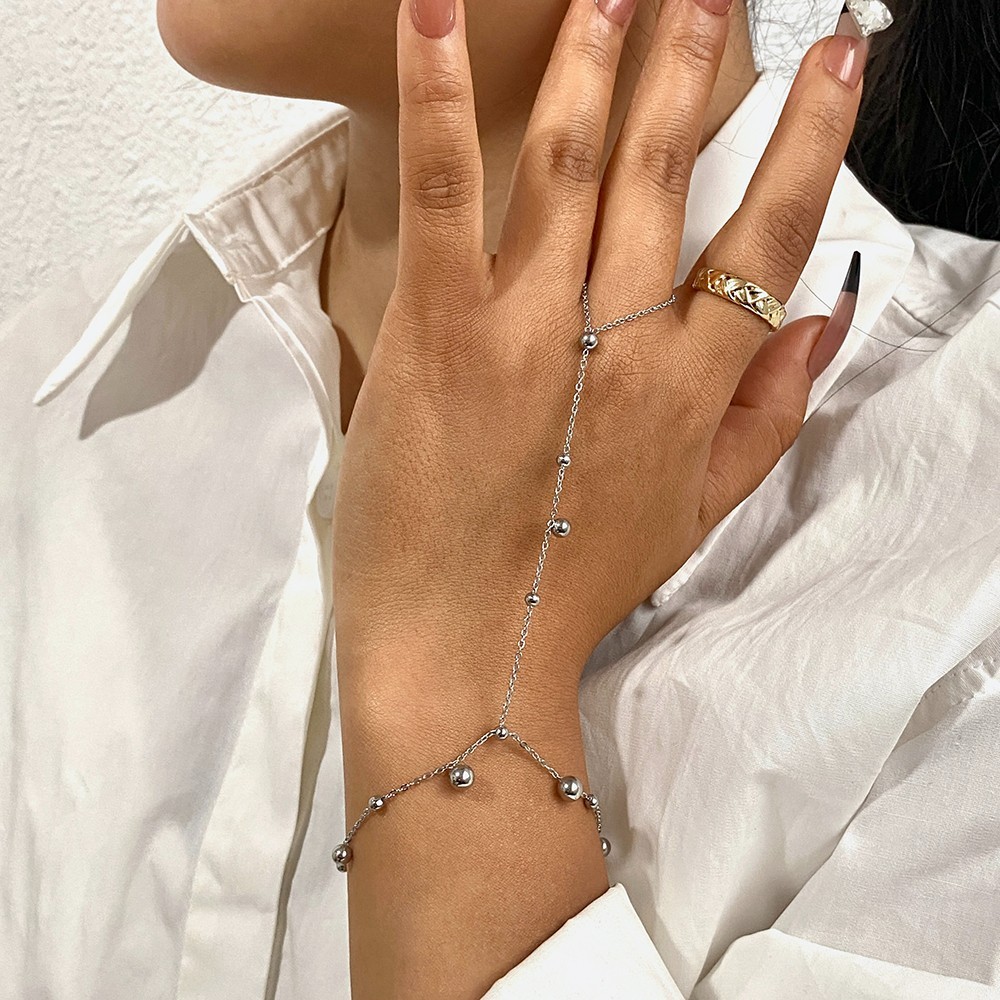 Women’s Stainless Steel Hand Chain Bracelet Finger Ring Ball Bead Link Chain Jew