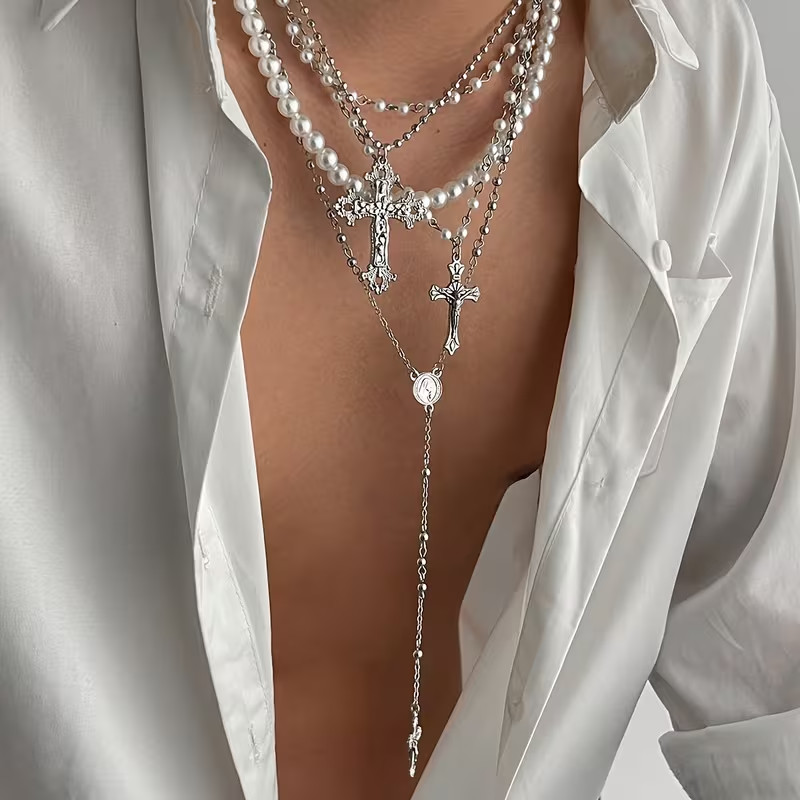 4pcs Men’ Minimalist Choker Necklace with Cross Pendant & Faux Pearls # 3010