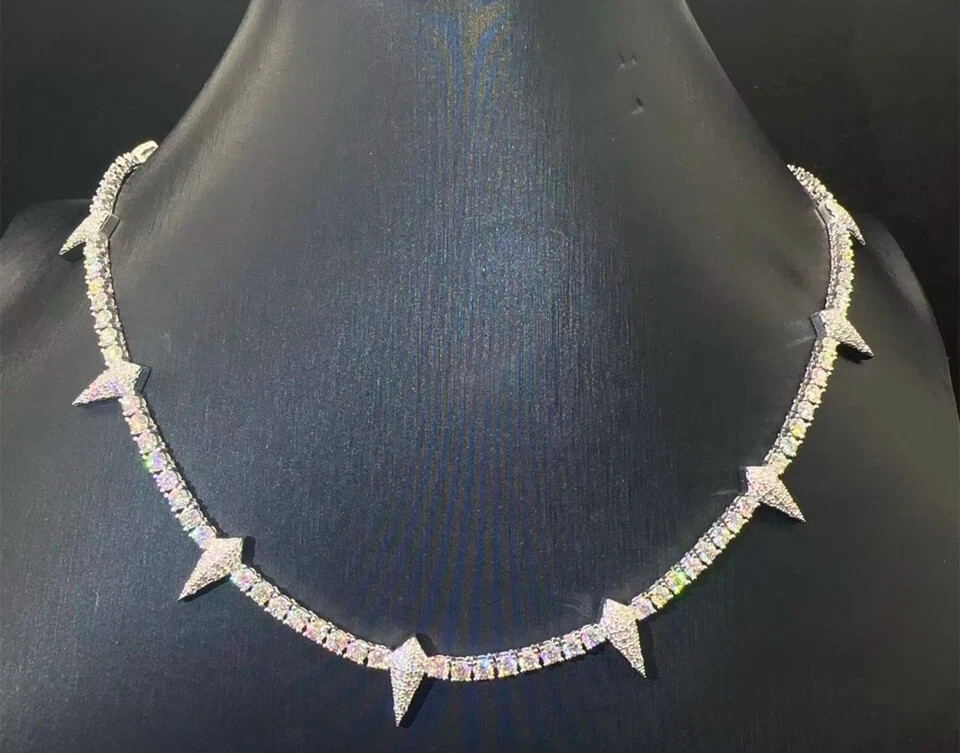 7Ct Round Cut Tester Pass Moissanite Nail Tennis Necklace 925 Sterling Silver