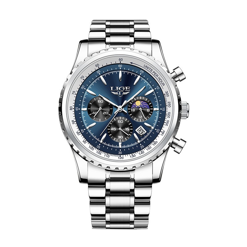 Men Watch Quartz Date Luminous Chronograph Waterproof Stainless Steel Wristwatch