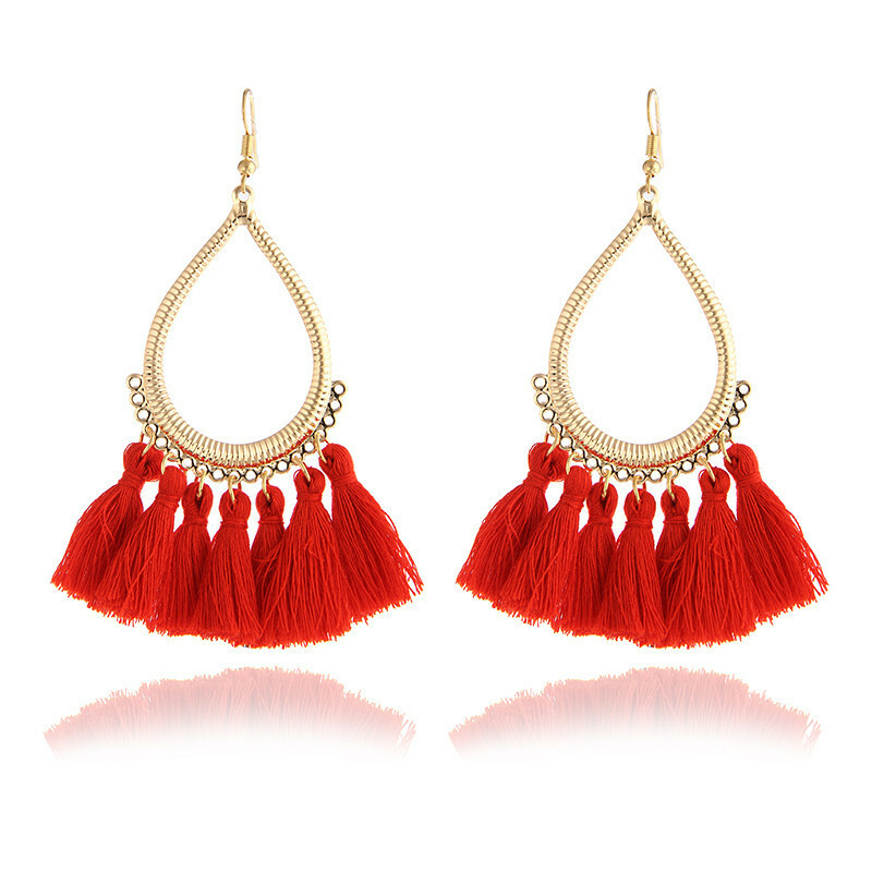 New Red Tassel Fringe Bohemian Boho Oval Drop Metal Pair Of Earrings Boutique