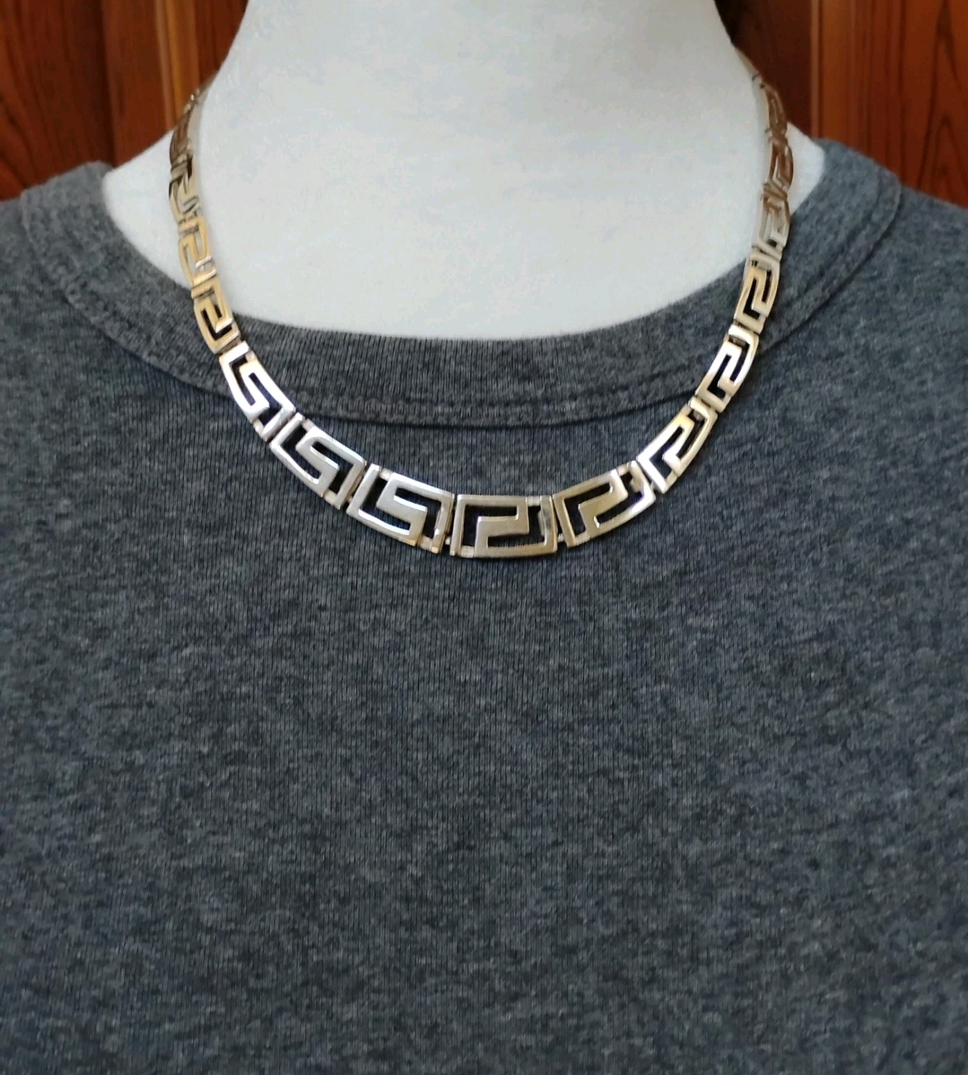 Sterling Silver Greek Key Necklace Graduated Openwork Links 17.5″ 36.9g