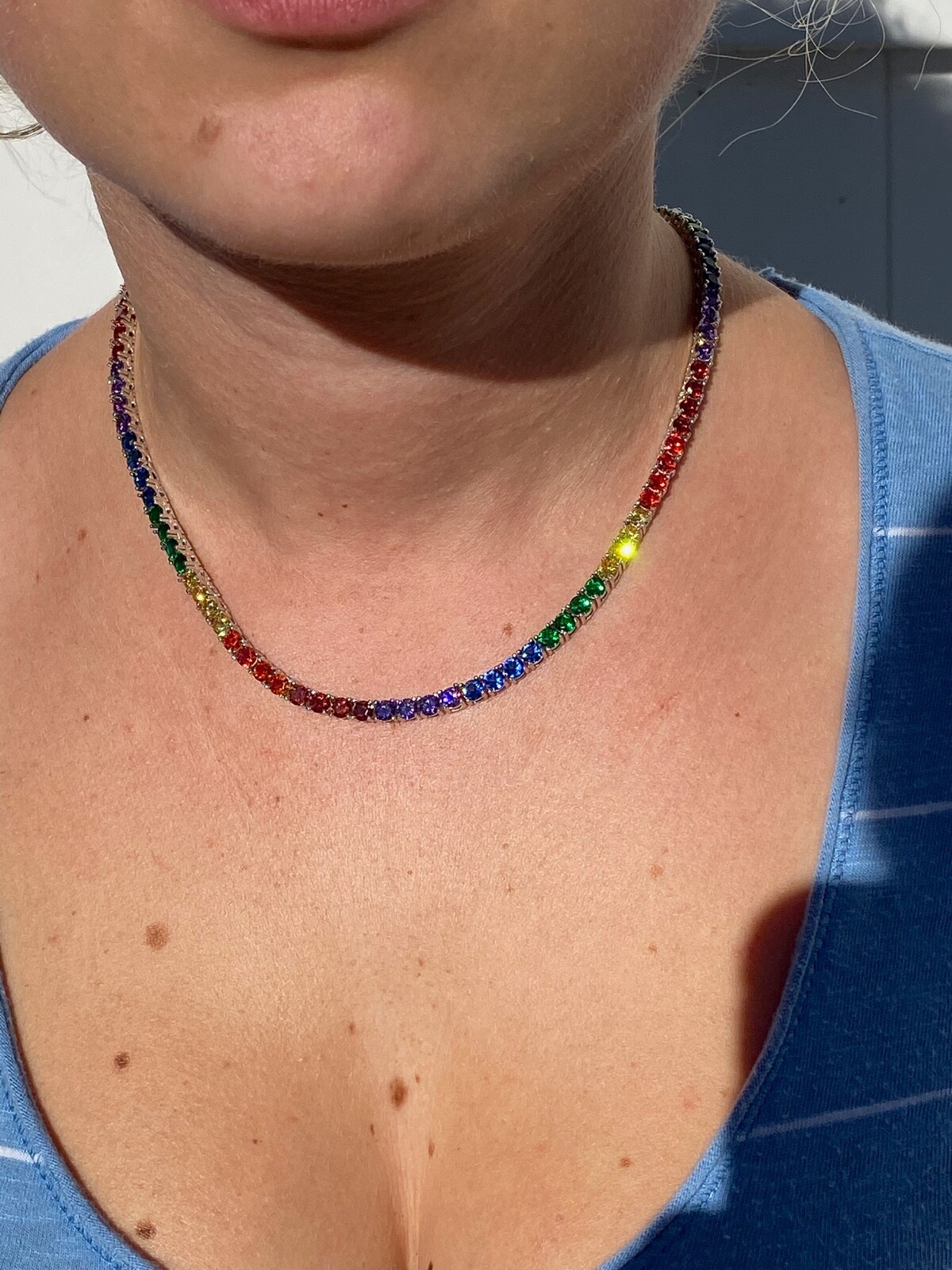 Tennis Chain SOLID 925 Sterling Silver Single Row Rainbow CZ Necklace ITALY