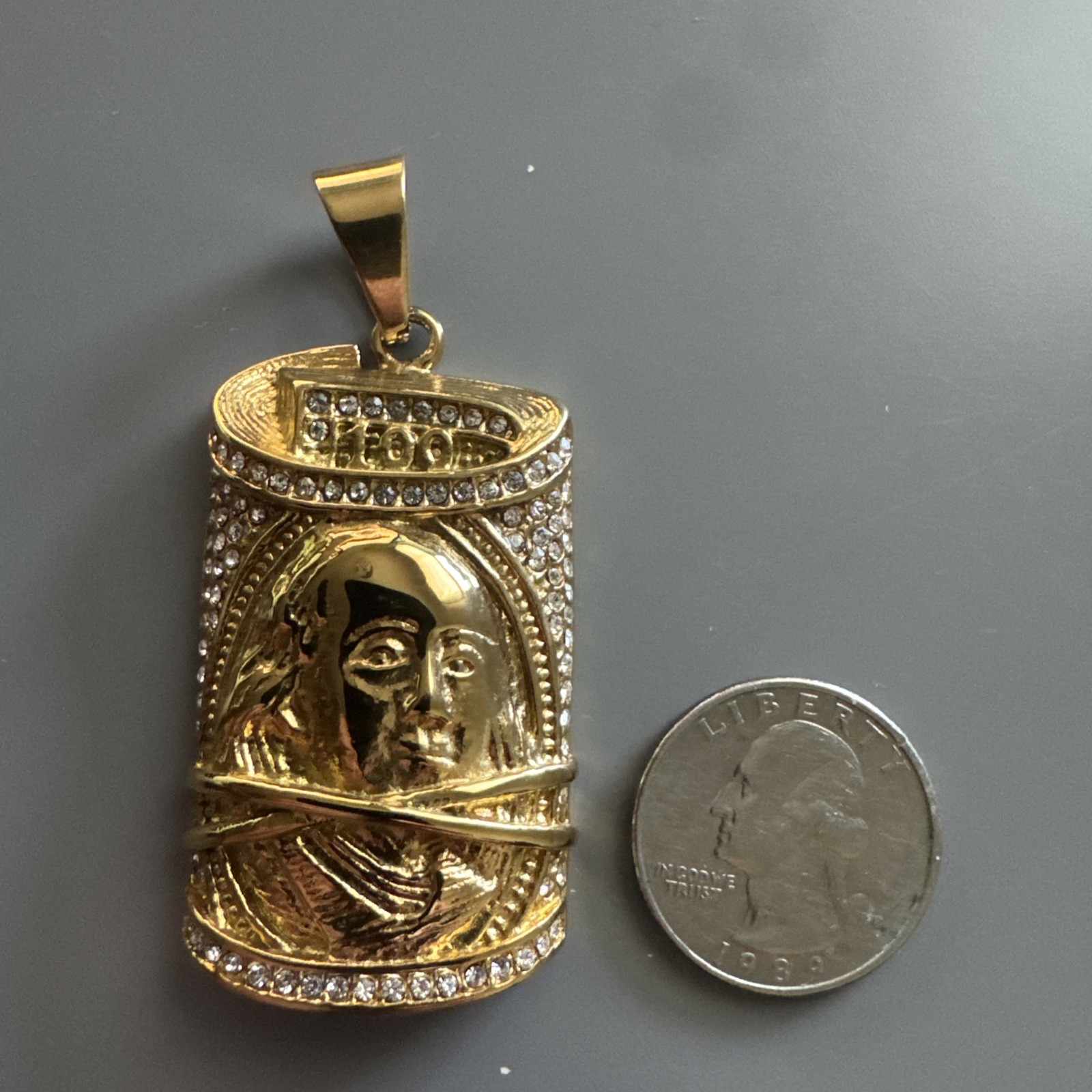 $100 Bill Pendant Gold Cubic Zirconia 24” Chain Hop Hop Money Dollar Franklin