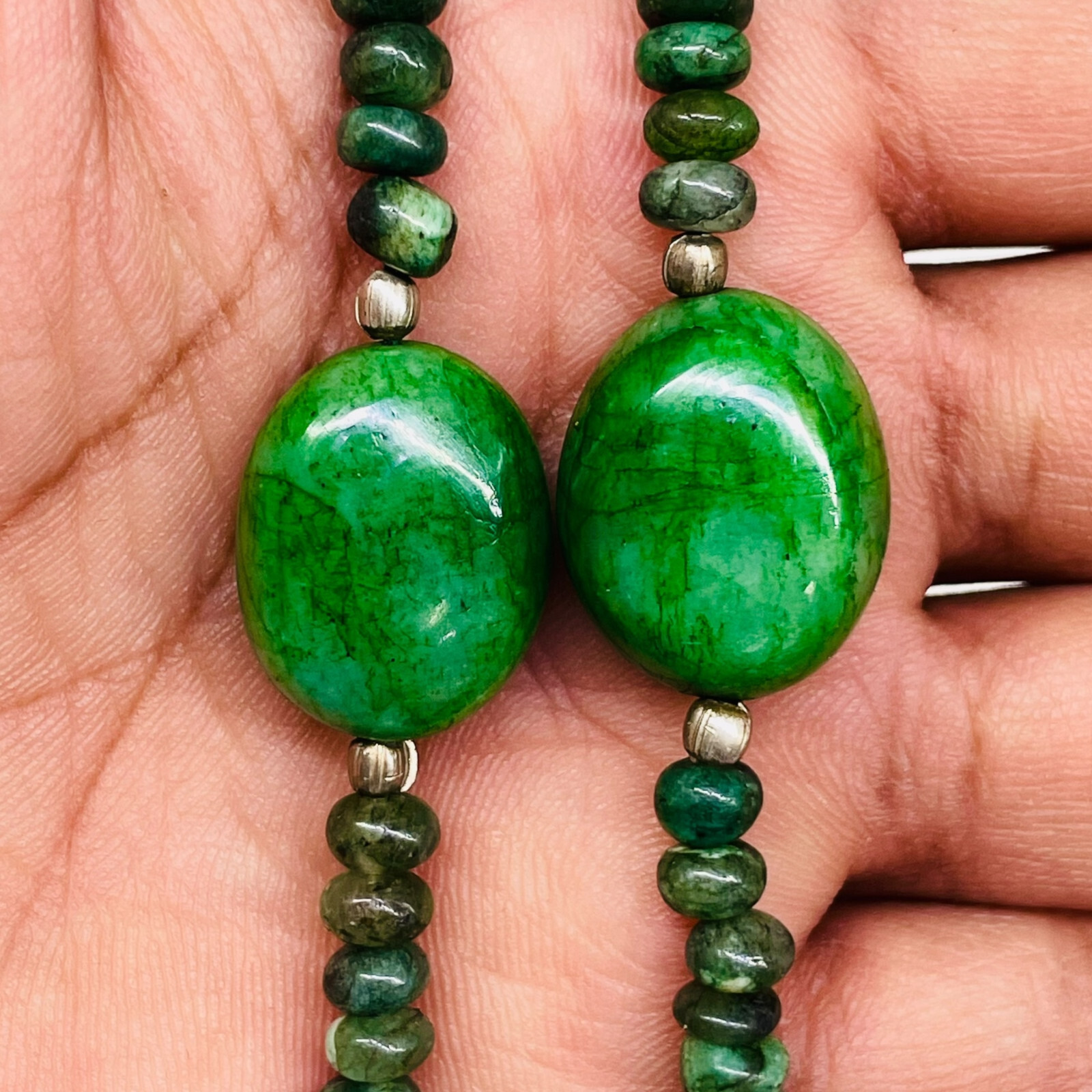 23′ Natural Emerald Designer Necklace Cabochon Beads 925 Silver Clasp