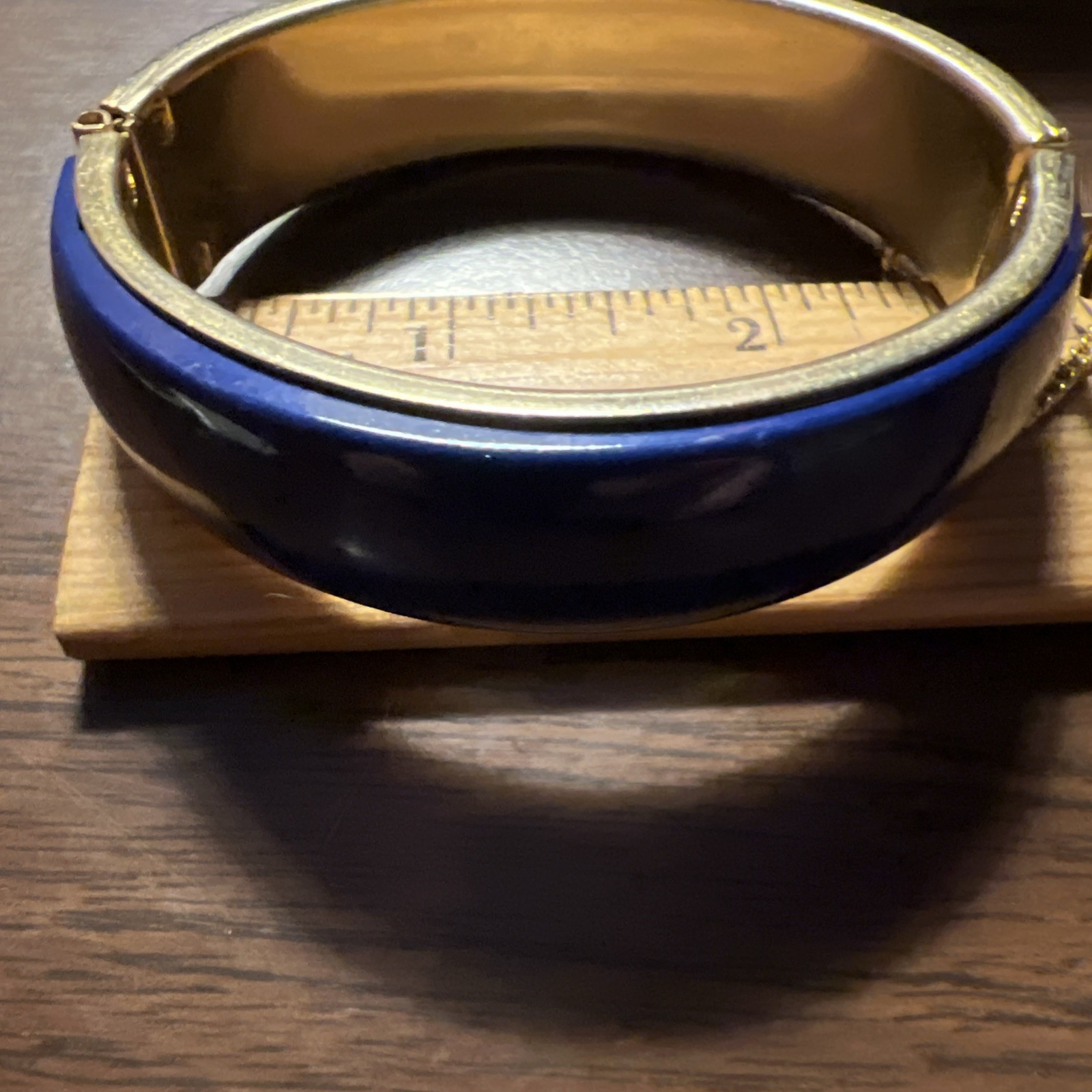 Vintage Blue Enamel Hinged Bangle Bracelet Gold Tone With Safety Chain