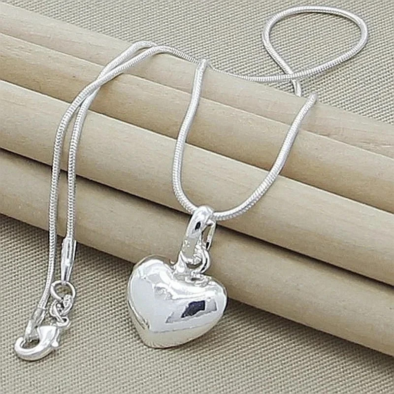925 Sterling Silver Solid Heart Necklace 18-30 Inch Snake Chain Fashion Jewelry
