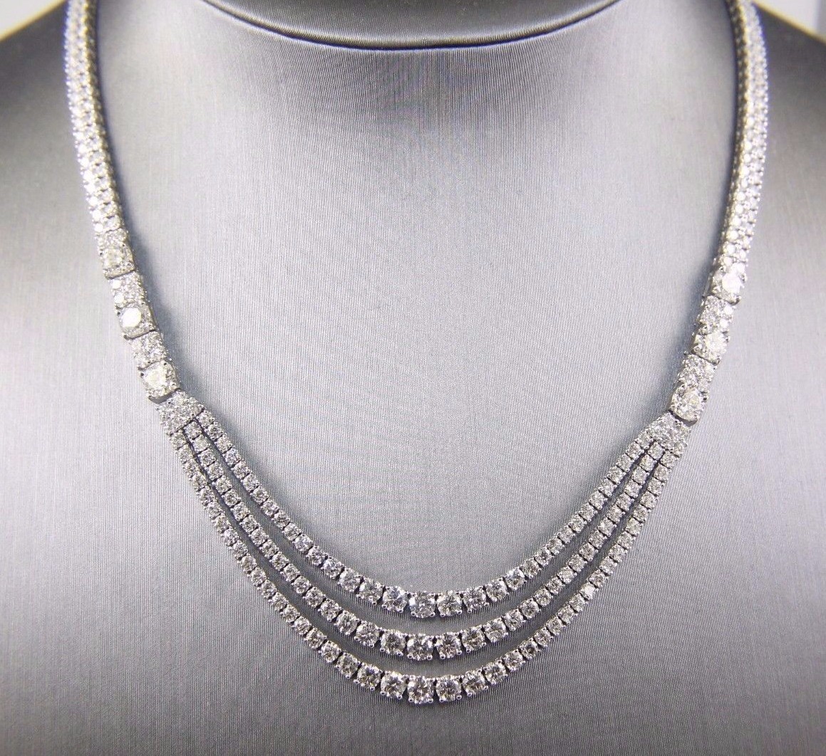 Round Diamond 3 Row Cluster Graduated Tennis Necklace 18K White Gold 23.14Ct