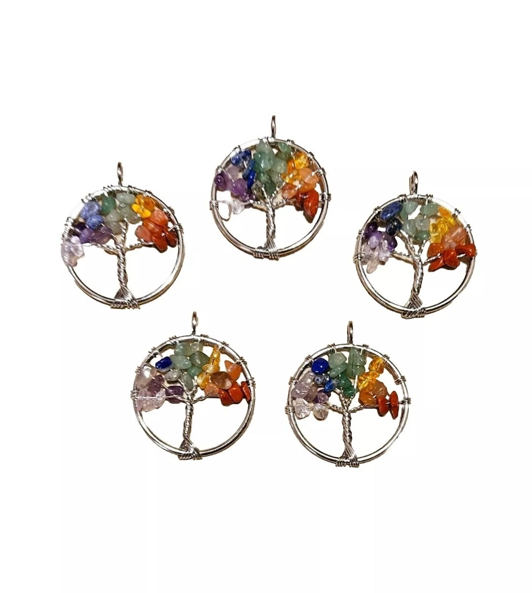 Lot of 5 x “Seven Chakra Tree Of Life” Gemstone Pendants Amethyst 1.25″×1.25″