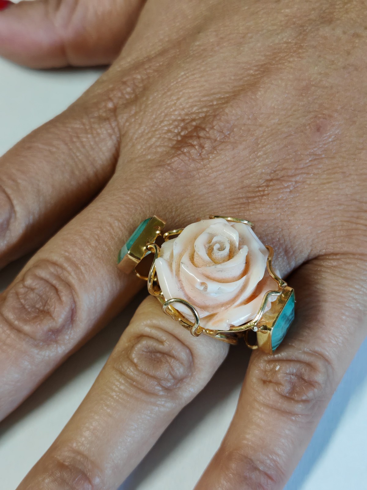 Women’s Ring Real Coral Pink Band 925 Silver Plac Yellow Gold Handmade